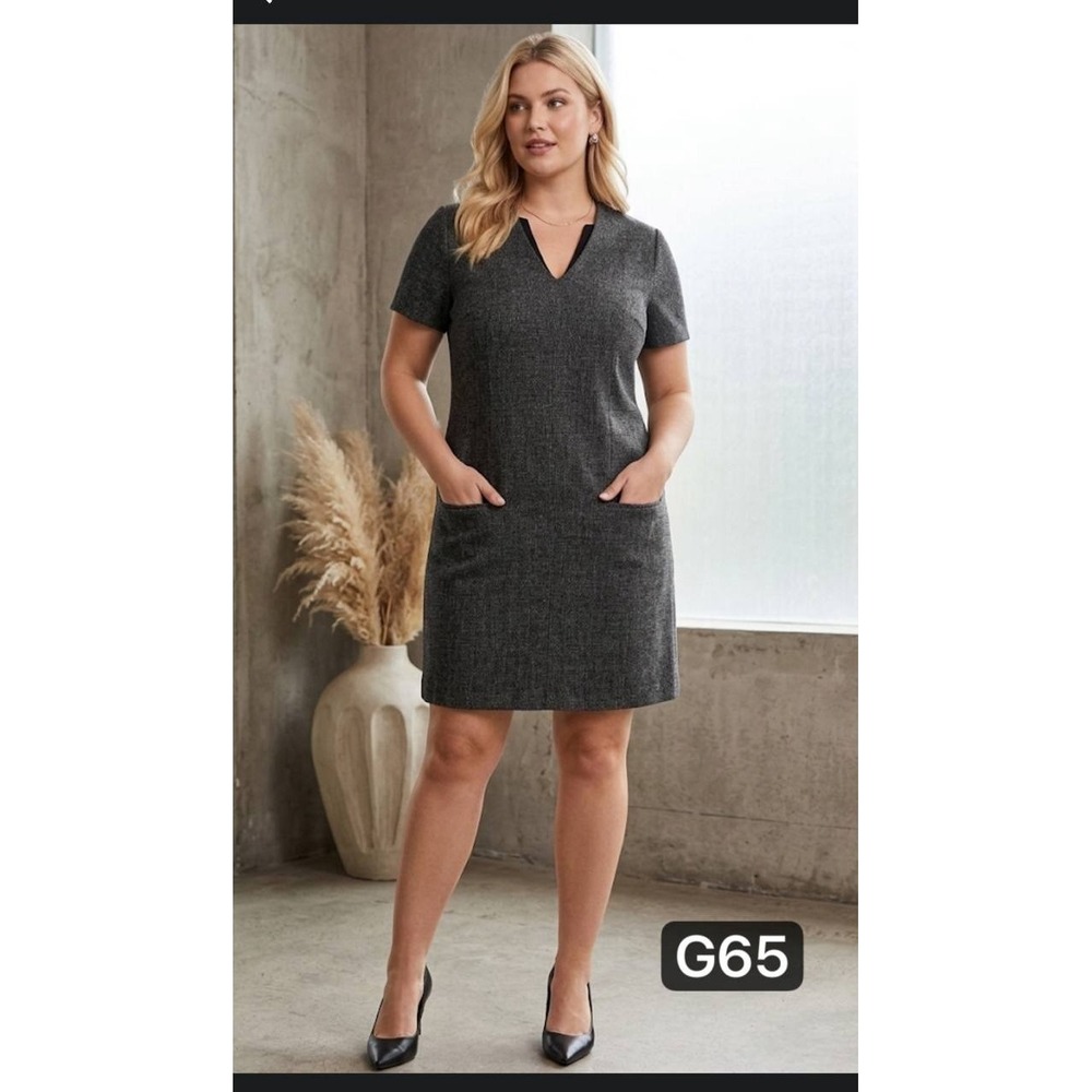 Mango MNG Wool Blend Gray Tweed‎ Shift Dress V-Neck Pockets Dark Academia Sz 6 M